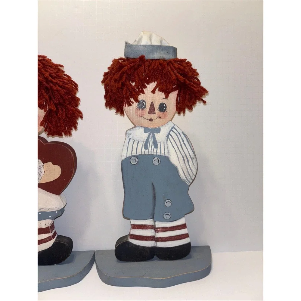 Large Raggedy Ann & Andy Wood Figures Hand Painted Yarn Hair Country Decor 14
